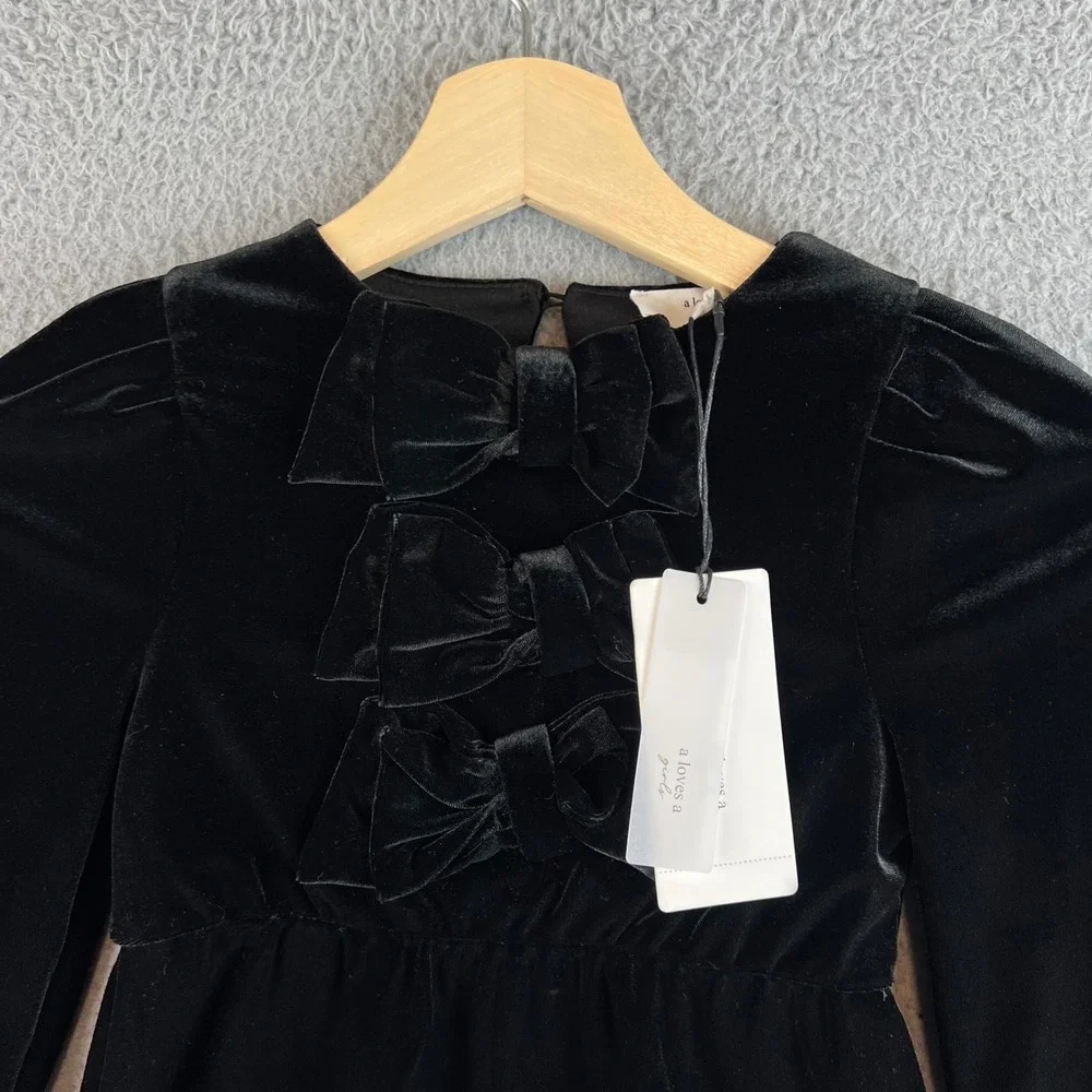 A Loves A Girls Black Velvet Bow Front Long Sleeve Dress Kids Size 5 NWT